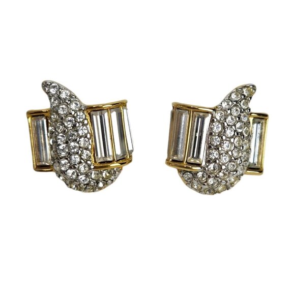 MONET 80s 90s‎ Gold Tone Crystal Cocktail Earrings Emerald Cut Rhinestones Vtg - Picture 1 of 10